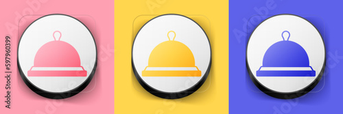 Isometric Covered with a tray of food icon isolated on pink, yellow and blue background. Tray and lid sign. Restaurant cloche with lid. Square button. Vector