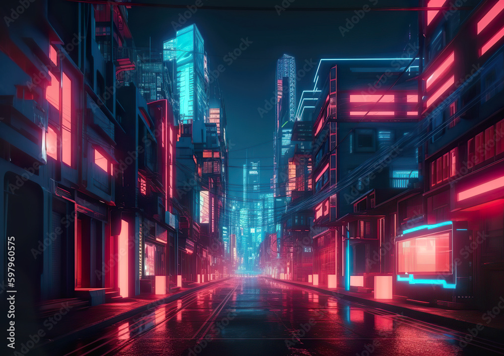 Illustration of a futuristic cyberpunk night city and Sci-fi vision of futuristic cyberpunk city neon night life. AI generated illustration.