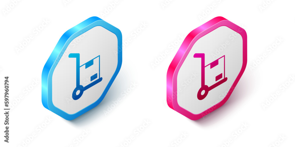 Isometric Hand truck and boxes icon isolated on white background. Dolly symbol. Hexagon button. Vector Isometric Hand truck and boxes icon isolated on white background. Dolly symbol. Hexagon button. Vector