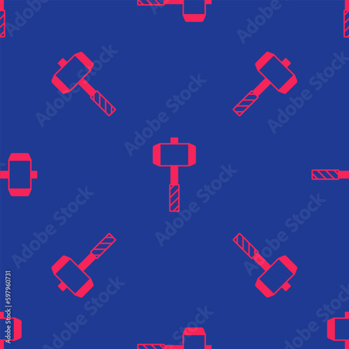 Red Medieval battle hammer icon isolated seamless pattern on blue background. Vector