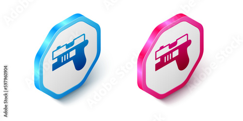 Isometric Futuristic space gun blaster icon isolated on white background. Laser Handgun. Alien Weapon. Hexagon button. Vector