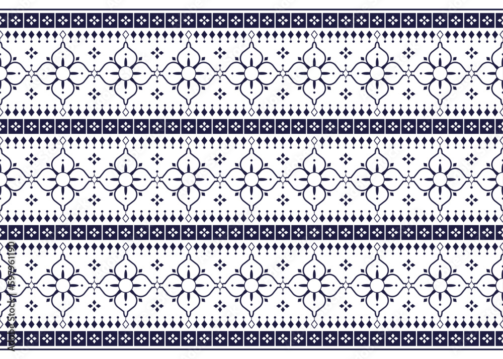 geometric and flower white line ethnic fabric pattern on blue background for cloth carpet wallpaper background wrapping etc. geometric and flower white line ethnic fabric pattern on blue background for cloth carpet wallpaper background wrapping etc.