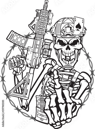 Skeleton soldier shows middle finger wearing military gear and holding assault rifle 