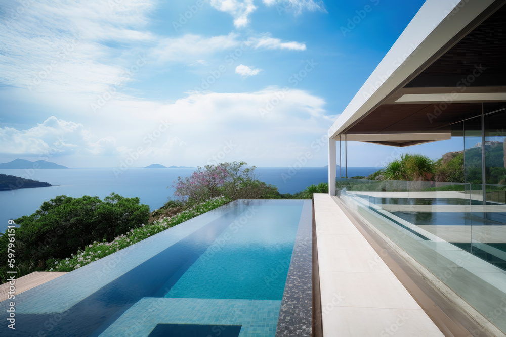 Tropical Home Island Villa House With Modern Infinity Swimming Pool And Blue Sky - Generative AI Image