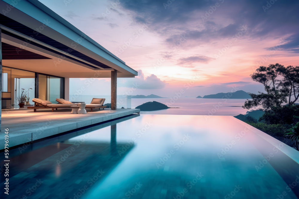 Tropical Home Island Villa House With Modern Infinity Swimming Pool At Twilight - Generative AI Image