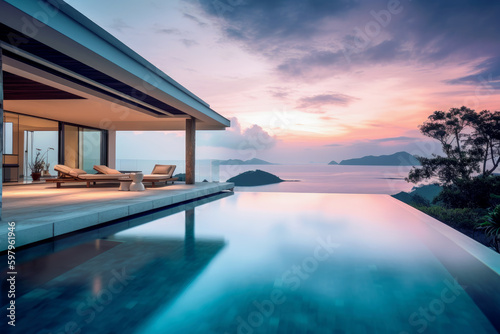 Tropical Home Island Villa House With Modern Infinity Swimming Pool At Twilight - Generative AI Image © StockBox