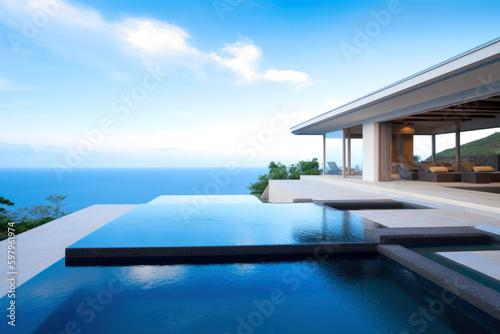Tropical Home Island Villa House With Modern Infinity Swimming Pool And Blue Sky - Generative AI Image © StockBox