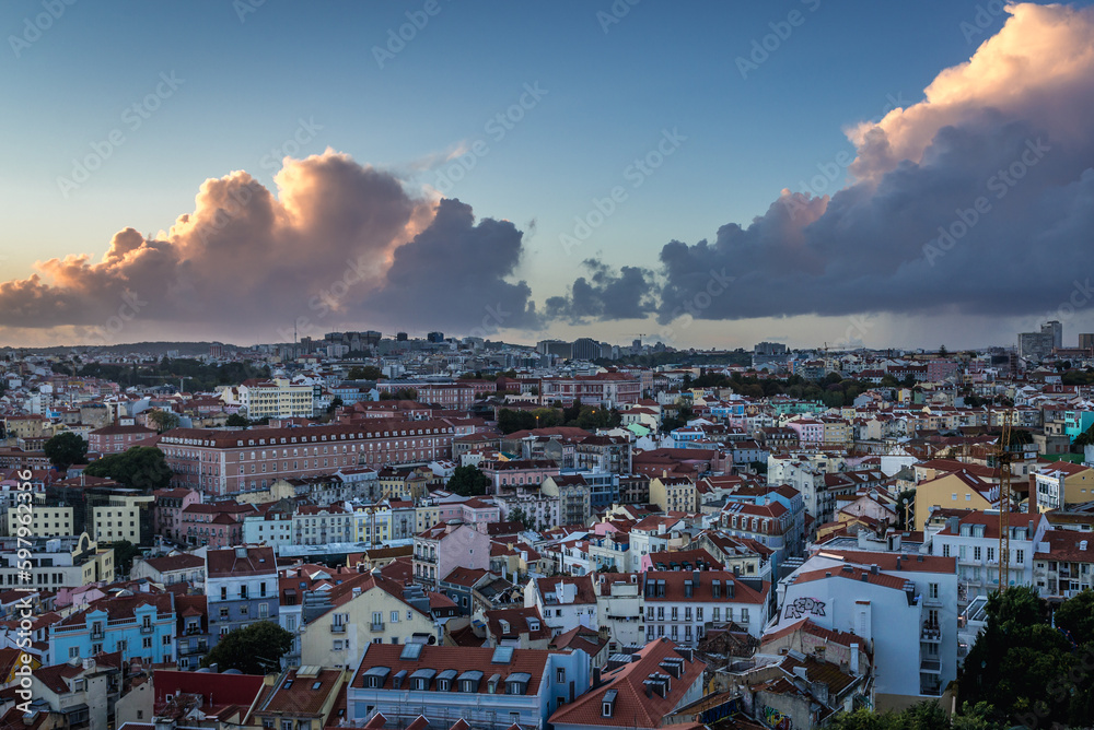 Aerial cityscape from Miradouro da Graca viewing point in Lisbon city, Portugal