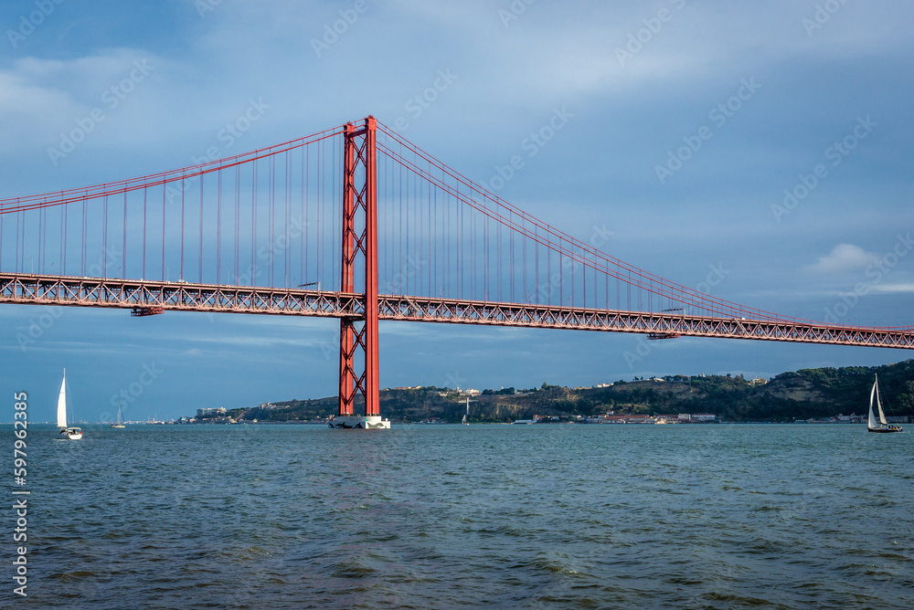 Bridge of 25th of April over River Tagus in Lisbon city, Portugal