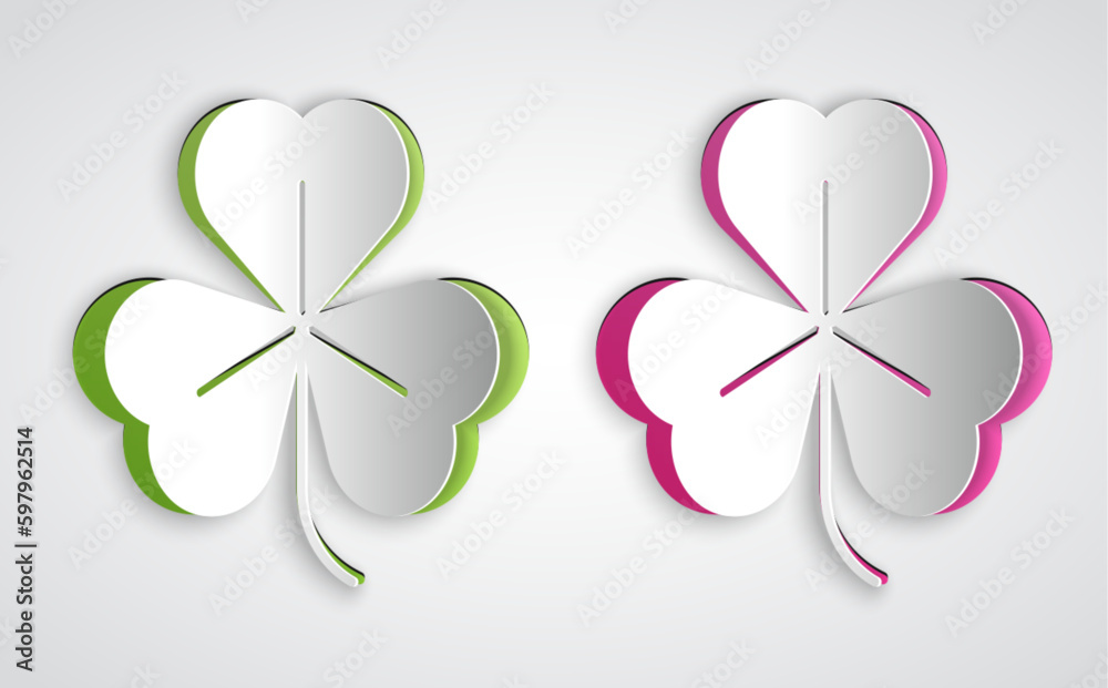 Paper cut Clover icon isolated on grey background. Happy Saint Patrick day. Paper art style. Vector Paper cut Clover icon isolated on grey background. Happy Saint Patrick day. Paper art style. Vector
