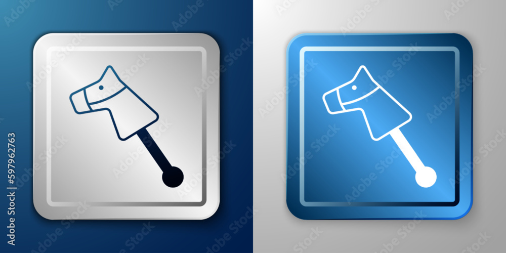 White Toy horse icon isolated on blue and grey background. Silver and blue square button. Vector White Toy horse icon isolated on blue and grey background. Silver and blue square button. Vector