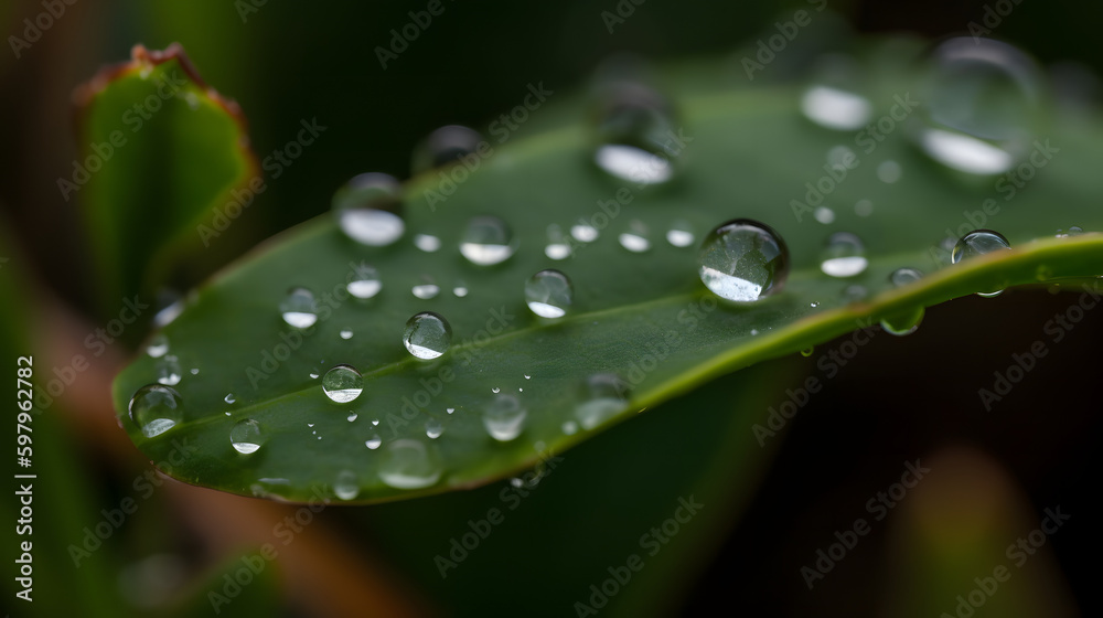 A close-up shot of raindrops on a leaf, generativer AI A close-up shot of raindrops on a leaf, generativer AI