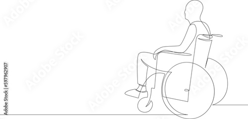 One line drawing of a patient with wheelchair - continuous line drawing. Vector illustration.