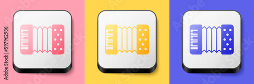 Isometric Musical instrument accordion icon isolated on pink, yellow and blue background. Classical bayan, harmonic. Square button. Vector