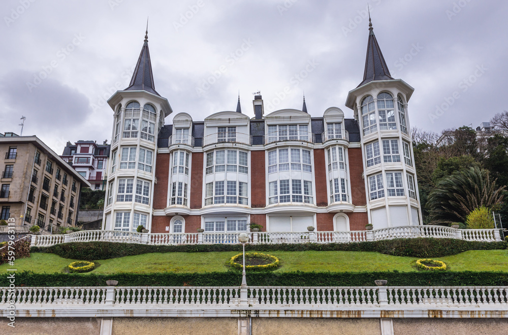 Fototapeta premium Exterior of Crown of La Concha Beach Hotel, San Sebastian city also known as Donostia, Spain