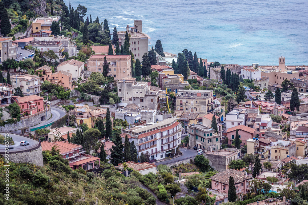 Taormina city on Sicily Island, aerial view from Castelmola town, Italy
