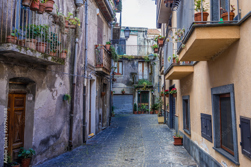Fototapeta premium Caggegi Street in Randazzo town on Sicily Island, Italy