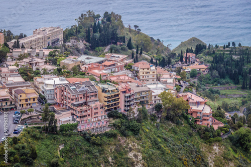 Taormina cityscape, view from Castelmola town on Sicily Island, Italy photo