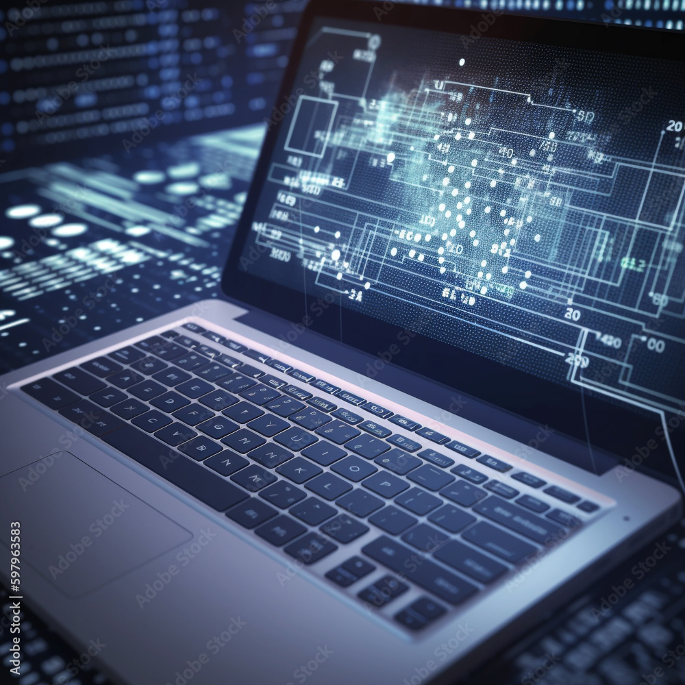 Big Data visualized on a laptop, financial graph analysis on a laptop screen Big Data visualized on a laptop, financial graph analysis on a laptop screen