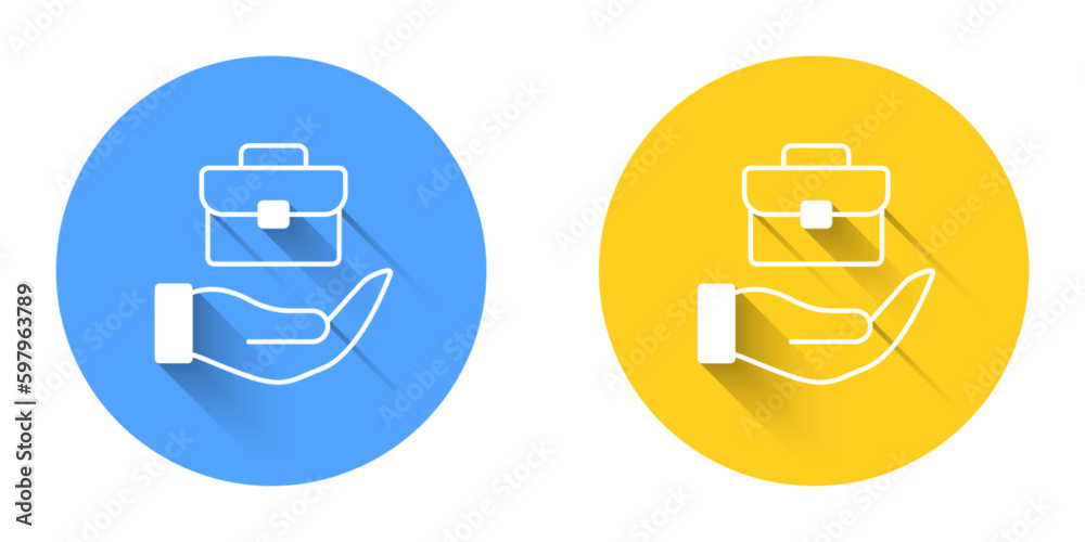 White Hand holding briefcase icon isolated with long shadow background. Insurance concept. Security, safety, protection, protect concept. Circle button. Vector White Hand holding briefcase icon isolated with long shadow background. Insurance concept. Security, safety, protection, protect concept. Circle button. Vector