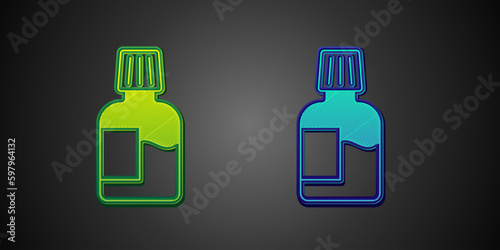 Green and blue Mouthwash plastic bottle icon isolated on black background. Liquid for rinsing mouth. Oralcare equipment. Vector