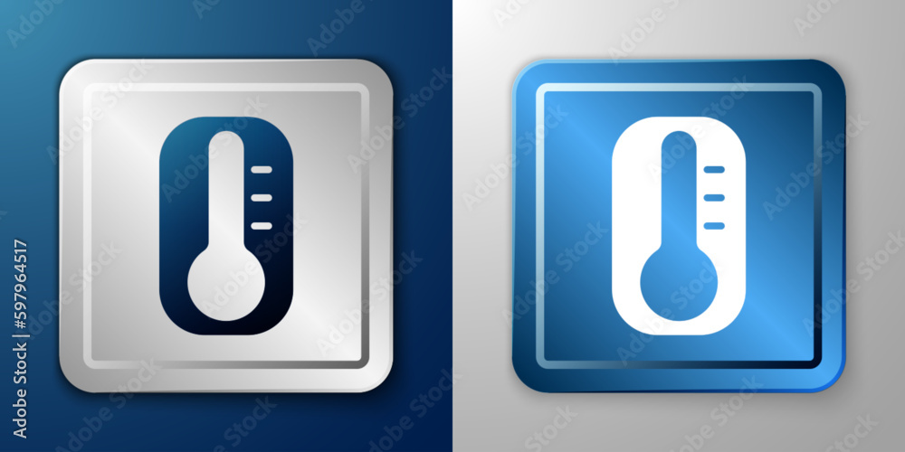 White Meteorology thermometer measuring heat and cold icon isolated on blue and grey background. Thermometer equipment showing hot or cold weather. Silver and blue square button. Vector White Meteorology thermometer measuring heat and cold icon isolated on blue and grey background. Thermometer equipment showing hot or cold weather. Silver and blue square button. Vector