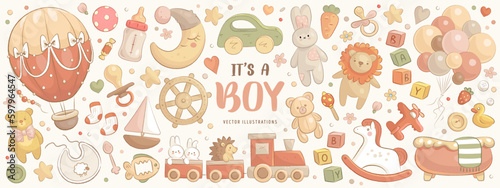 Hand drawn baby boy shower set. Vector illustration of cartoon toys and flowers isolated on background