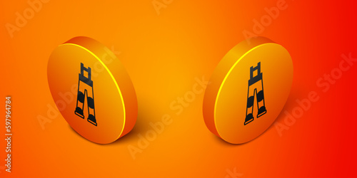 Isometric Fisherman rubber pants icon isolated on orange background. Orange circle button. Vector