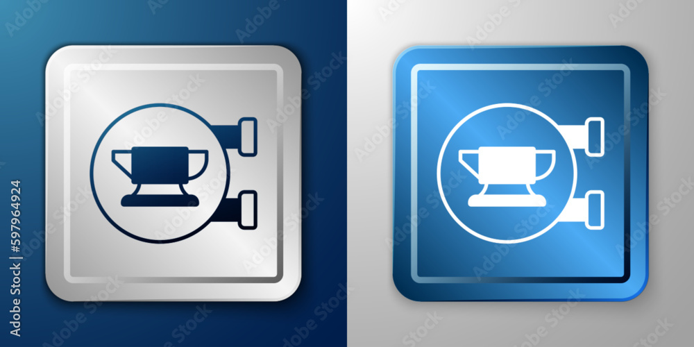 White Blacksmith anvil tool icon isolated on blue and grey background. Metal forging. Forge tool. Silver and blue square button. Vector White Blacksmith anvil tool icon isolated on blue and grey background. Metal forging. Forge tool. Silver and blue square button. Vector