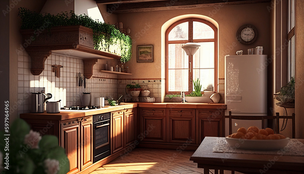 Kitchen interior, kitchen in light colors, the sun shines through the window, kitchen furniture in light colors