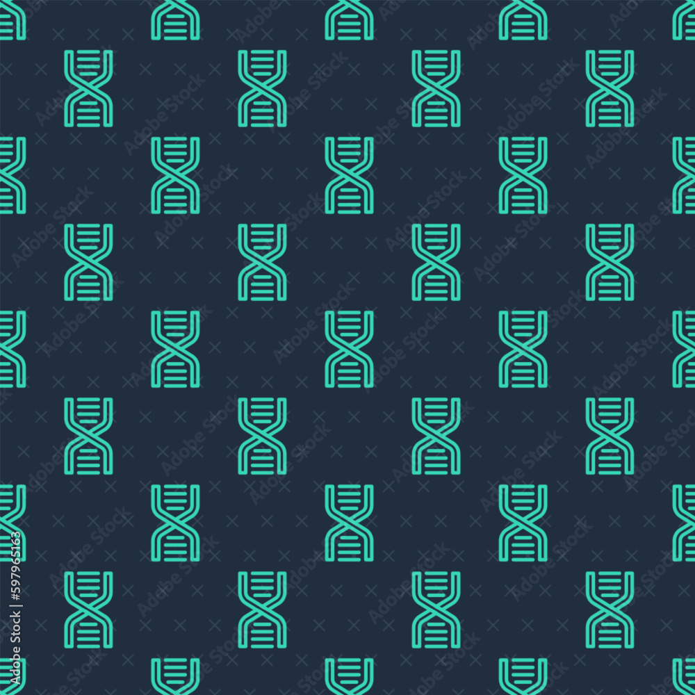 Green line DNA symbol icon isolated seamless pattern on blue background. Vector Green line DNA symbol icon isolated seamless pattern on blue background. Vector