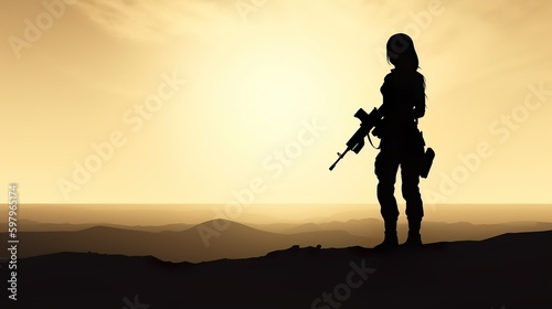 A young female soldier stands in a vast desert