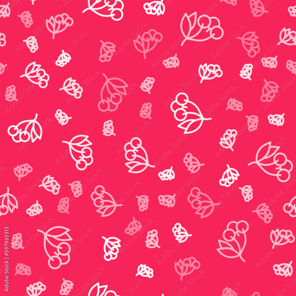 White line Fresh summer berries icon isolated seamless pattern on red background. Berry fruit. Vector