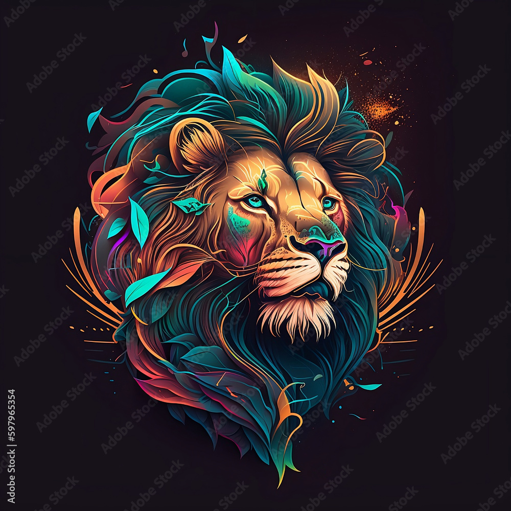 Lion. Abstract, multi-colored lion's head illustration. Generative AI