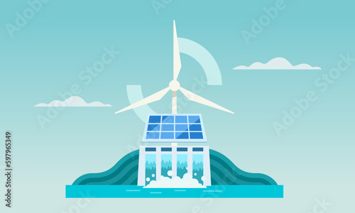 clean energy from renewable energy sources with solar panels and wind turbines and dams, sustainable electricity generation vector illustration.