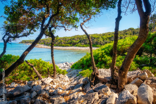 Spectacular view of the tropical blue lagoon on a sunny day. Punta Kriza, Cres, Croatia, Europe.