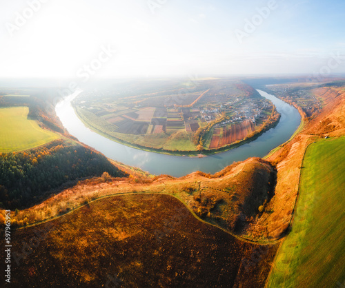 Majestic horseshoe-shaped meander of the river. Dniester canyon, Ukraine, Europe.