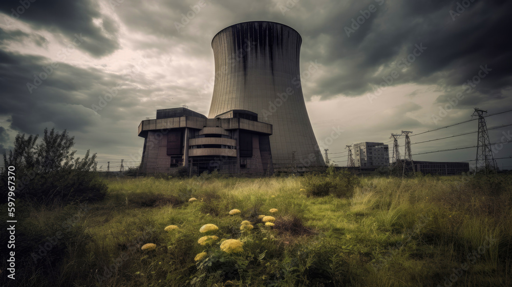 Nuclear power plant with dusk landscape. Generative AI Nuclear power plant with dusk landscape. Generative AI
