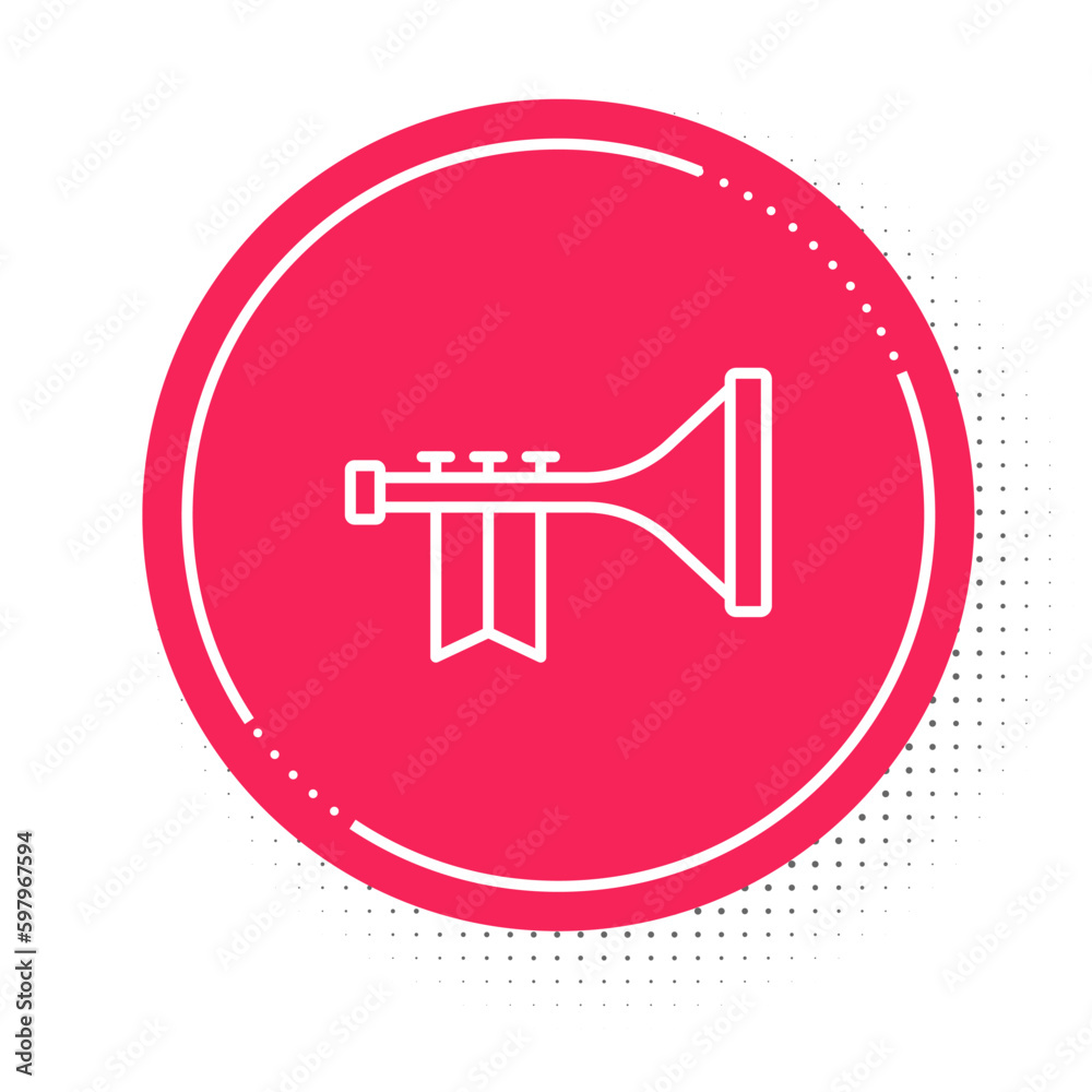 White line Trumpet icon isolated on white background. Musical instrument. Red circle button. Vector White line Trumpet icon isolated on white background. Musical instrument. Red circle button. Vector