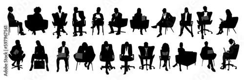 Fototapeta Silhouettes of business people sitting, men and women sit on armchair, office chair with laptop, tablet, front, side view