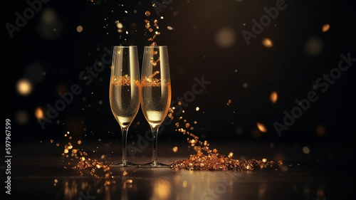 A romantic illustration of message for New Year, Champagne glasses, abstract love creations. Blurry background, template, Bokeh, Generative AI