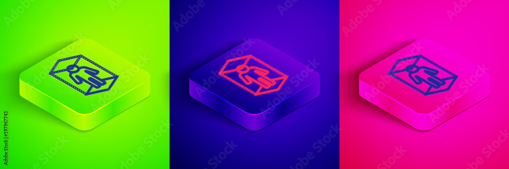 Isometric line 3d modeling icon isolated on green, blue and pink background. Augmented reality or virtual reality. Square button. Vector Isometric line 3d modeling icon isolated on green, blue and pink background. Augmented reality or virtual reality. Square button. Vector