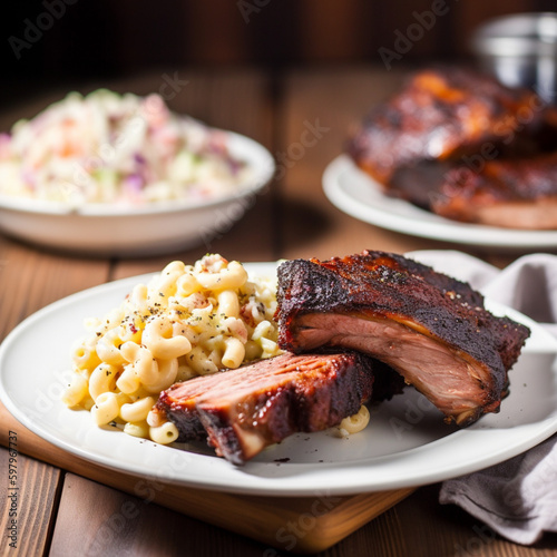 BBQ ribs with mac and cheese and coleslaw food photograph, generative ai