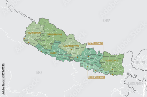 Detailed map of Nepal with administrative divisions into Provinces and Districts, major cities of the country, vector illustration onwhite background