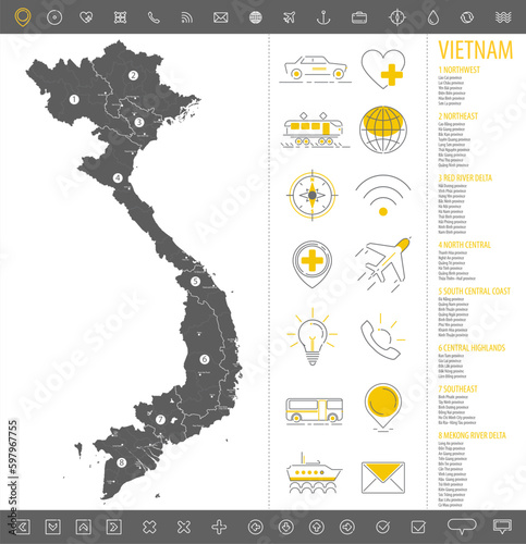 Detailed monochrome map of Vietnam, gray country territory with geographic borders and administrative divisions on white background, travel icons set, vector illustration