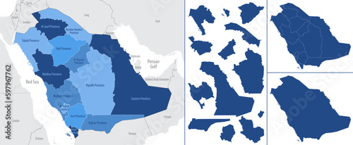 Detailed, vector, blue map of  Saudi Arabia with administrative divisions country