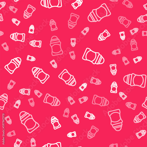 White line Antiperspirant deodorant roll icon isolated seamless pattern on red background. Cosmetic for body hygiene. Vector