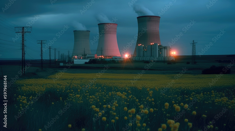 Nuclear power plant with dusk landscape. Generative AI