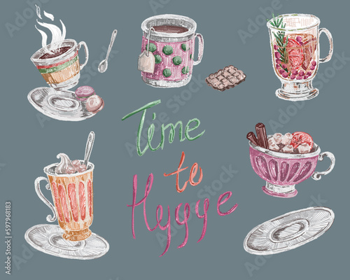 Set of hugge drinks, cozy and warm cocktails. Vector sketch set illustration