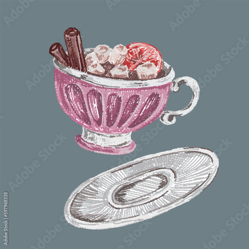 Hot chocolate in a mug with whipped cream. Hugge drink. Decorative hand drawn sketch vector illustration.